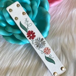 Faux Leather Embroidered Wristband- white
